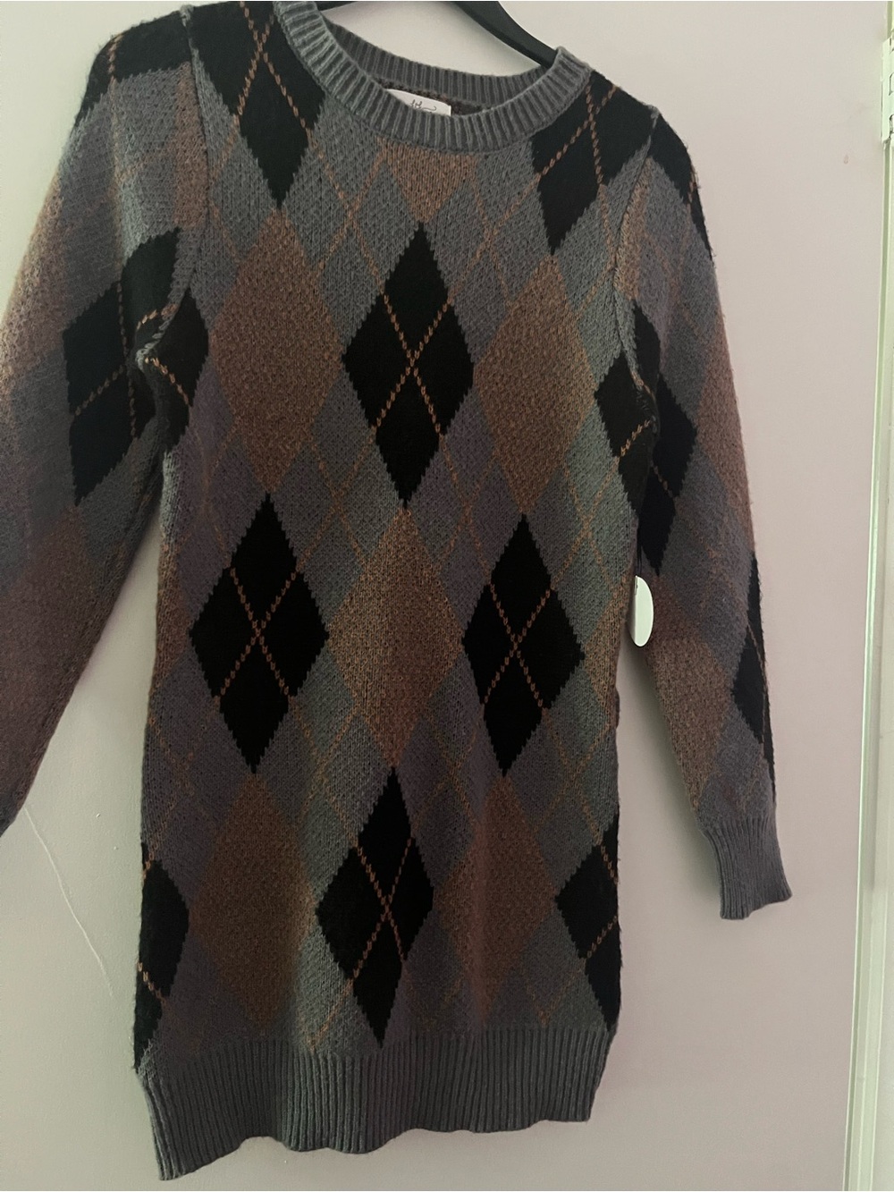 Women’s Argyle Crewneck Sweater Dress in Gray and Brown - Picture 5 of 7